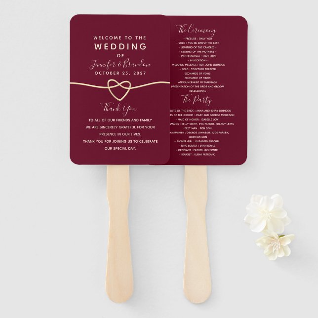 Romantisches Burgunder Hochzeitsprogramm Handfäche Fächer (Vorne und Hinten)