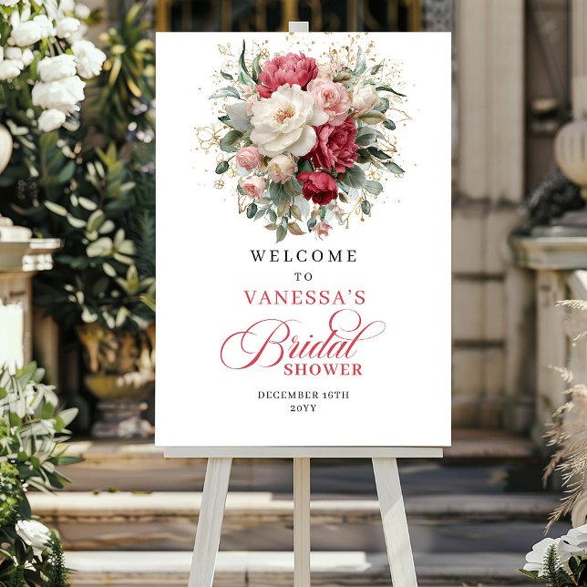 Romantisches Burgunder-Rosé-Grün-Willkommensschild Poster (Romantic Burgundy Blush Greenery Welcome Sign)