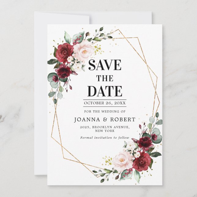 Romantisches Burgundy Rosa Botanische Geometrie Save The Date (Vorderseite)