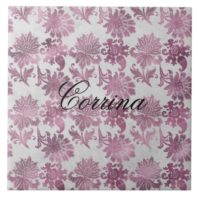 Romantisches Burgundy Rot Silver Floral Fliese (Vorderseite)