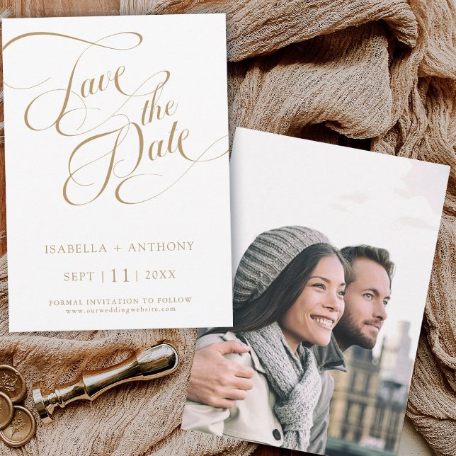 Romantisches Calligrafy Gold Wedding Foto Save The Date (Front & Back)