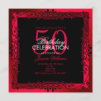 Romantisches Cerise Decorative Gerahmt 50. Geburts Einladung