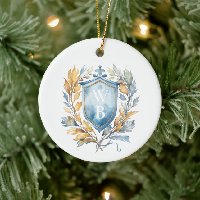 Romantisches Classic Blue Monogram Wappen Wedding Keramik Ornament (Baum)