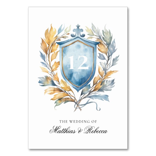 Romantisches Classic Blue Monogram Wappen Wedding Tischnummer (Vorderseite)
