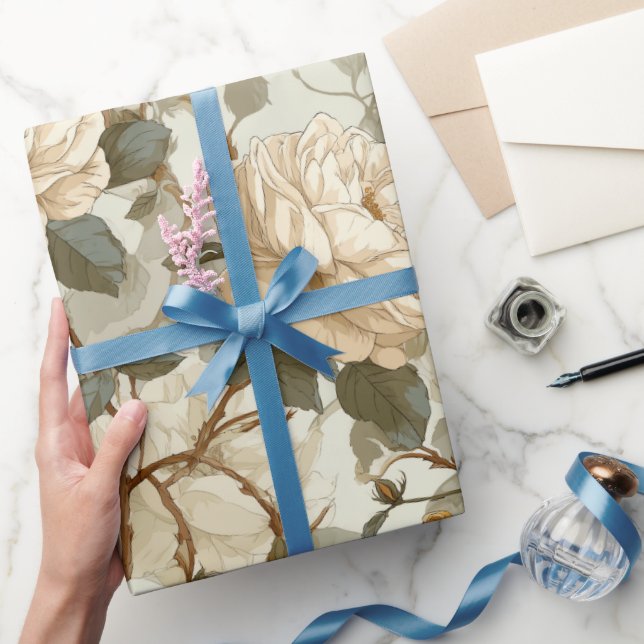 Romantisches Creme-Rosen-Beige-Blumenmuster Geschenkpapier (Schenken)