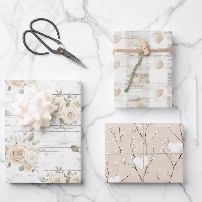 Romantisches Creme White Floral Boho Brautparty Geschenkpapier Set (Vorderseite)