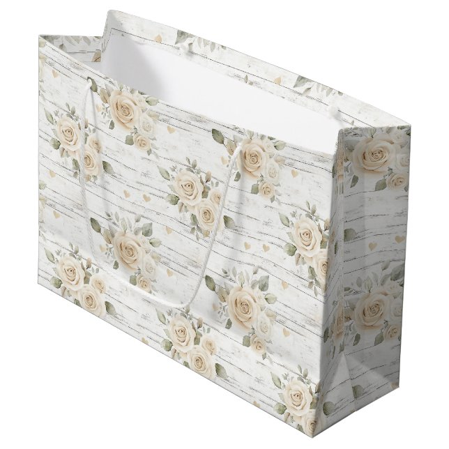 Romantisches Creme White Floral Boho Brautparty Große Geschenktüte (Vorderseite Schrägansicht)