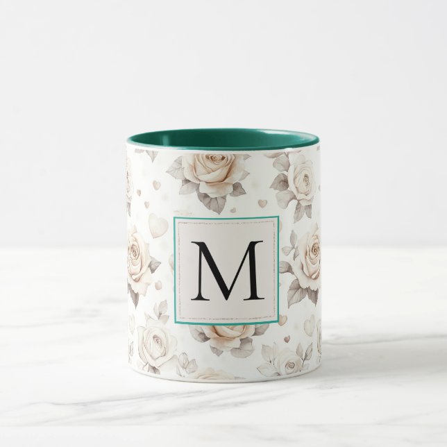 Romantisches cremefarbenes Rosenblumen-Monogramm Tasse (Zentrum)