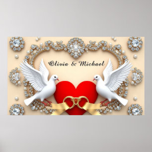Romantisches Diamant-Hochzeitsherz mit Tauben Poster