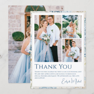 Romantisches Dusty Blue Floral Foto Hochzeit Dankeskarte
