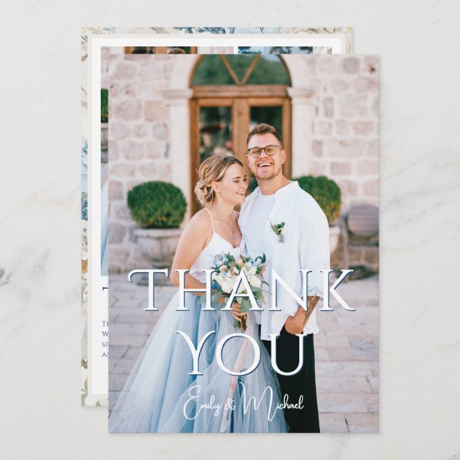 Romantisches Dusty Blue Floral Foto Hochzeit Dankeskarte (Vorne/Hinten)