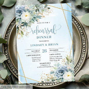 Romantisches Dusty Blue Floral Gold Glitzer Dinner Einladung