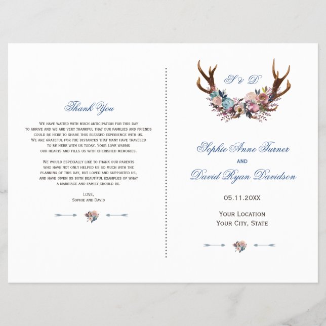 Romantisches Dusty Blue Pink Floral Antlers Progra Flyer (Vorne)