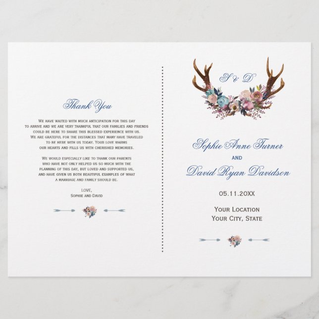Romantisches Dusty Blue Pink Floral Antlers Progra Flyer (Vorne)