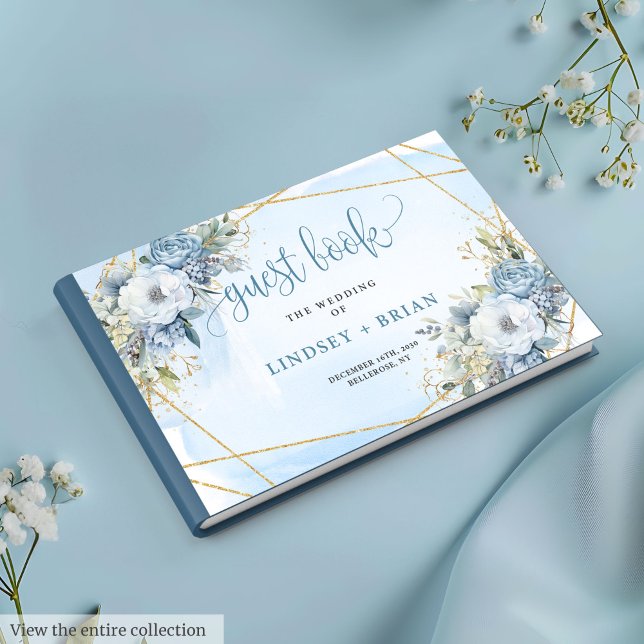 Romantisches Dusty Blue White Gold Blume Gästebuch (Romantic Dusty Blue White Gold Flowers Guest Book)