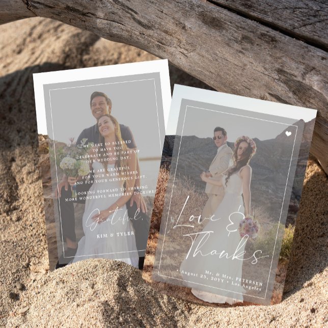 Romantisches, elegantes Drehbuch 2 Fotos überlager Dankeskarte (Von Creator hochgeladen)