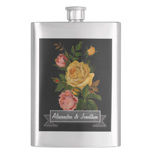 Romantisches Erbstück Vintage-Blumenrosen auf Schw Flachmann