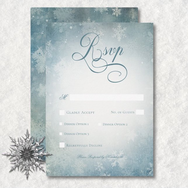 Romantisches Falling Snow Blue & White Weddinner RSVP Karte (Romantic Falling Snow Blue & White Wedding Dinner RSVP Card)