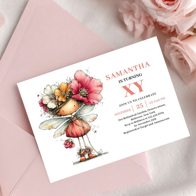 Romantisches Feen-Mädchen 3. Geburtstag Schamröte  Einladung (Romantic Fairy Girl 3rd Birthday Blush Floral invitation)