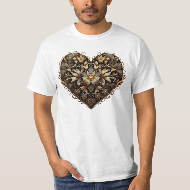 Romantisches filigranes goldenes Herz. Valentinsta T-Shirt (Vorderseite)