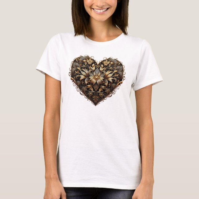 Romantisches filigranes goldenes Herz. Valentinsta T-Shirt (Vorderseite)