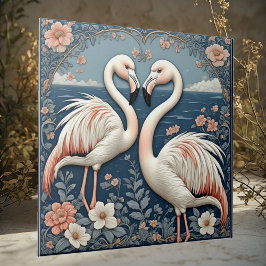 Romantisches Flamingo-Paar Art Deco Blaues Becken Fliese