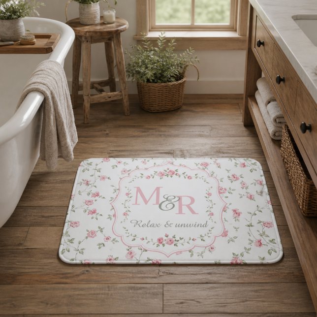Romantisches florales Monogramm | Vintage Cottagec Badematte (Von Creator hochgeladen)