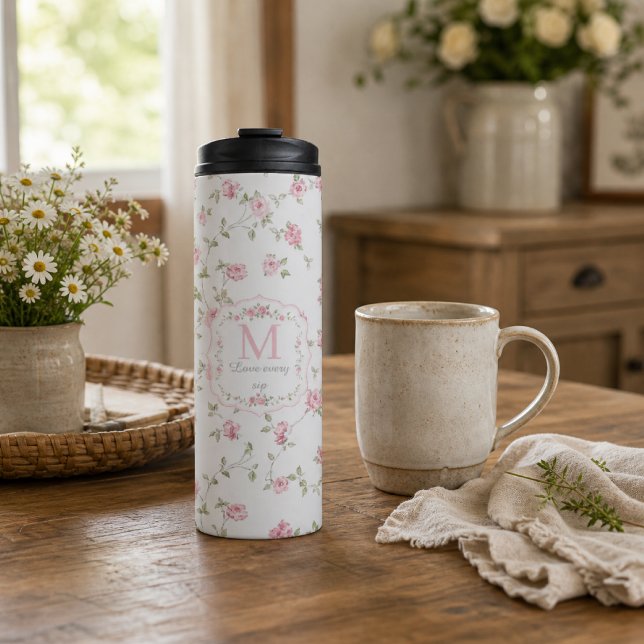 Romantisches florales Monogramm | Vintage Cottagec Thermosbecher (Von Creator hochgeladen)