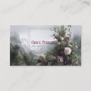 Romantisches florales nebliges Bergtal mit goldene Visitenkarte