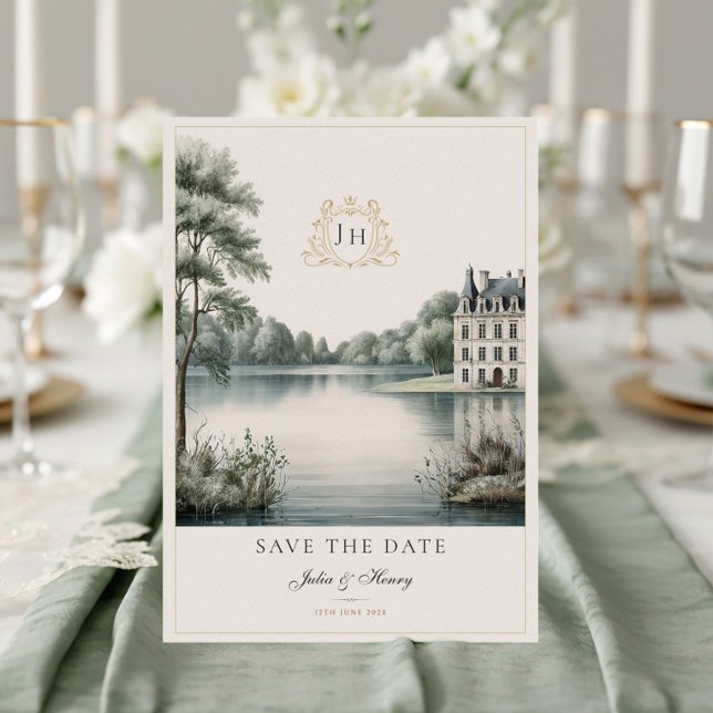 Romantisches französisches Château-Monogramm-Hochz Save The Date (Von Creator hochgeladen)