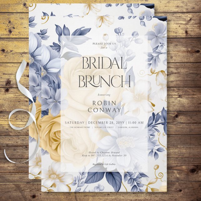 Romantisches Gelb Blau und Weiß Blütenbridal Brunc Einladung (Romantic Yellow Blue & White Floral Bridal Brunch Invitation)