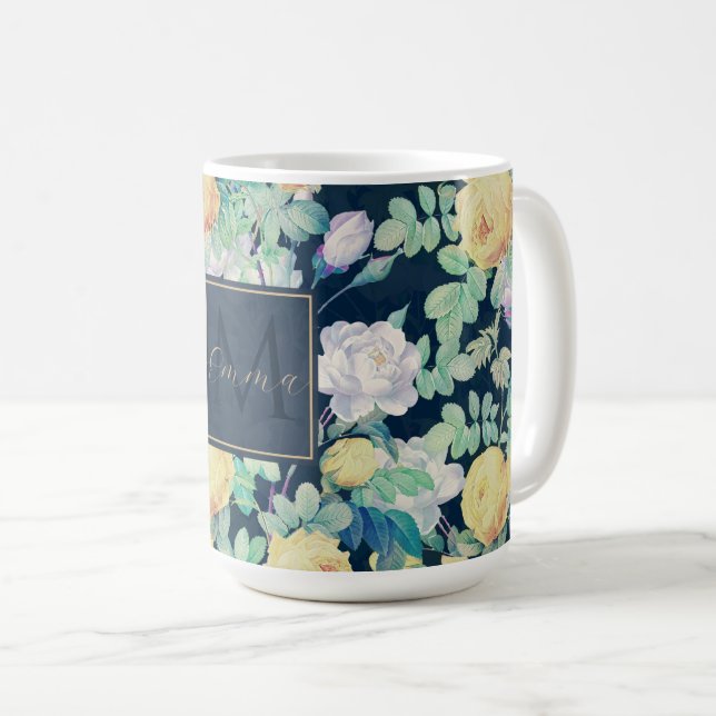 Romantisches Gelbweißrosen Blumendesign Kaffeetasse (VorderseiteRechts)