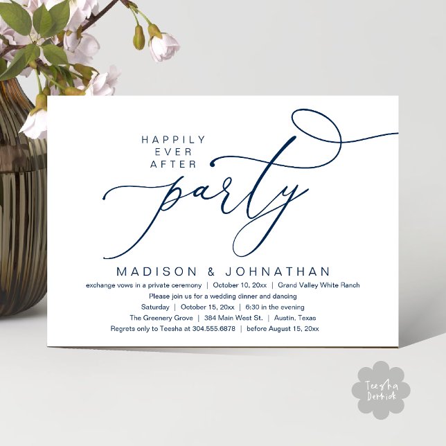 Romantisches Glück für immer nach dem Party, Hochz Einladung (Happily Ever After Party, Romantic Wedding Dinner Invitation Card PDF aesthetic Classy Navy Blue)