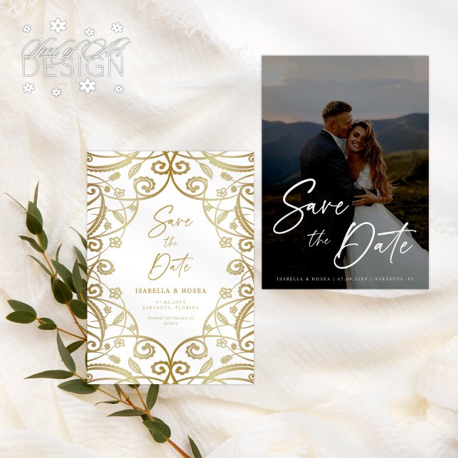 Romantisches Gold Glitzer Floral Lace Wedding Foto Save The Date (Von Creator hochgeladen)