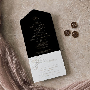 Romantisches Gold Kalligrafie Schwarze Monogramm All In One Einladung
