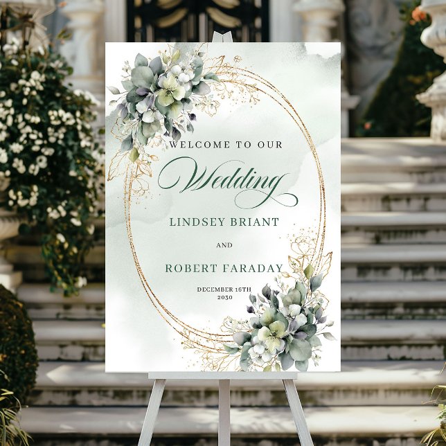 Romantisches Grün Gold Hochzeits Willkommensposter Poster (Romantic Greenery Gold Wedding Welcome Poster)