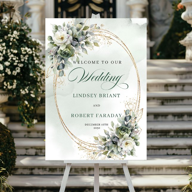 Romantisches Grün Gold Hochzeits Willkommensposter Poster (Romantic Greenery Gold Wedding Welcome Poster)
