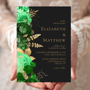 Romantisches grünes Gold-Blumen-Dunkel-Hochzeit Einladung