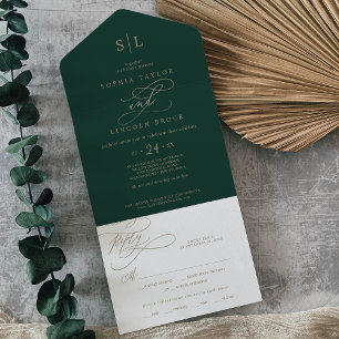 Romantisches grünes Kalligrafie-Monogramm-Hochzeit All In One Einladung