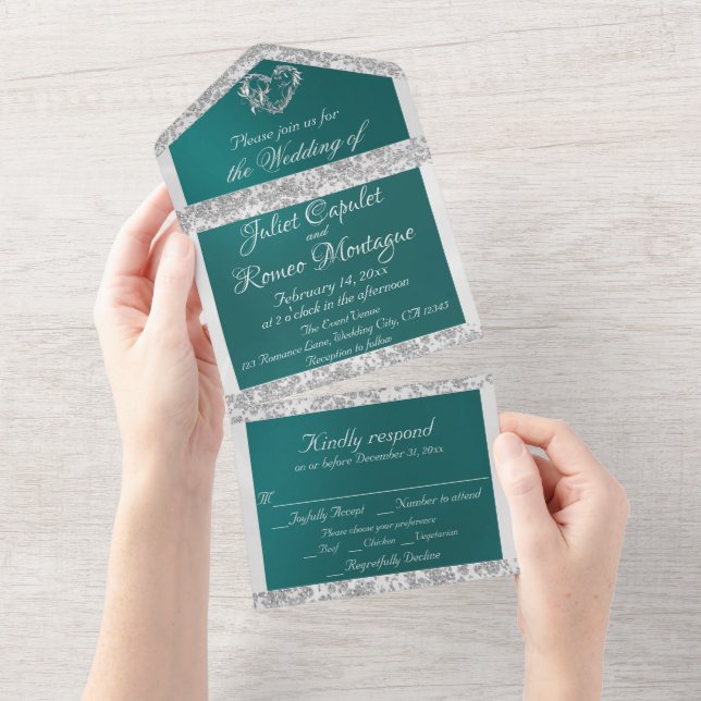 Romantisches Herz, Band und Glitzer auf Aquamarin All In One Einladung (Abreißen)