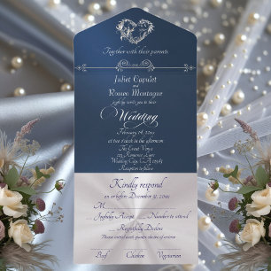 Romantisches Herz & Kalligrafie - Blau/Silber All In One Einladung