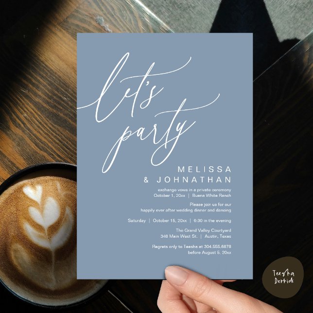 Romantisches Hochzeitsdinner Tanzen, Lasst uns fei Einladung (Let's Party, Romantic Charm Wedding Dinner Dancing Lunch Brunch Invitation Card PDF Dusty Blue)