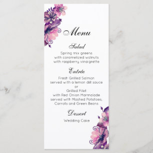 Romantisches Hochzeitsmenü rosa. Violettes Abendme Menükarte