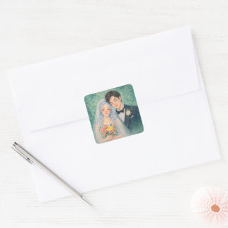 Romantisches Hochzeitspaar Wasserfarben-Illustrati Quadratischer Aufkleber