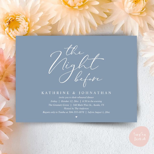 Romantisches Hochzeitsprobe-Dinner am Abend vor de Einladung (The Night Before Romantic Wedding Rehearsal Dinner Invitation Card in Dusty Blue)