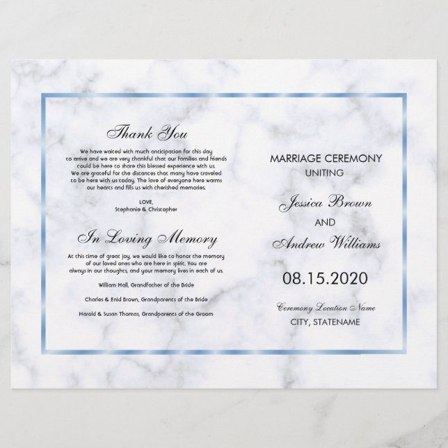 Romantisches Hochzeitsprogramm für Blaumarmor (Vorderseite)