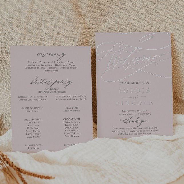 Romantisches Hochzeitsprogramm für Silberstreifen  Folieneinladung (Romantic Silver Foil Gray Pink Wedding Program)