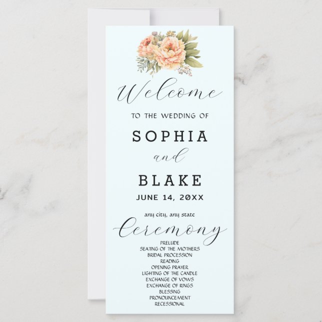 Romantisches Hochzeitsprogramm für Weißblütenblüte (Vorderseite)