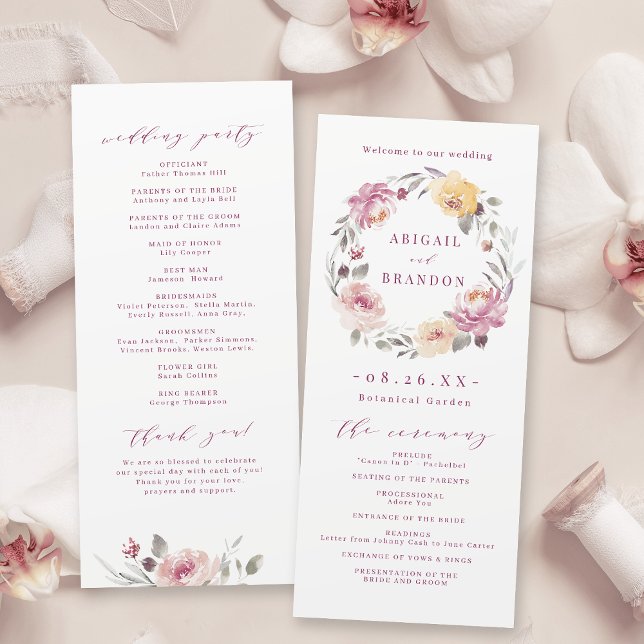 Romantisches Hochzeitsprogramm in Lila Programm (Romantic garden mauve floral wedding program)
