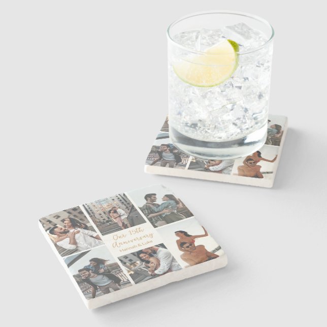 Romantisches individuelles Foto Collage Jubiläumsg Steinuntersetzer (Seitenansicht)